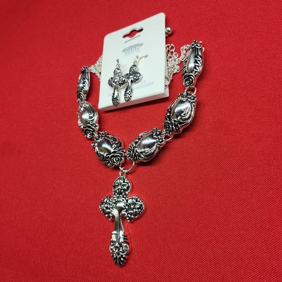 Icon Collection Silver Tone Cross Necklace & Earrings Set - Picture 12 of 12